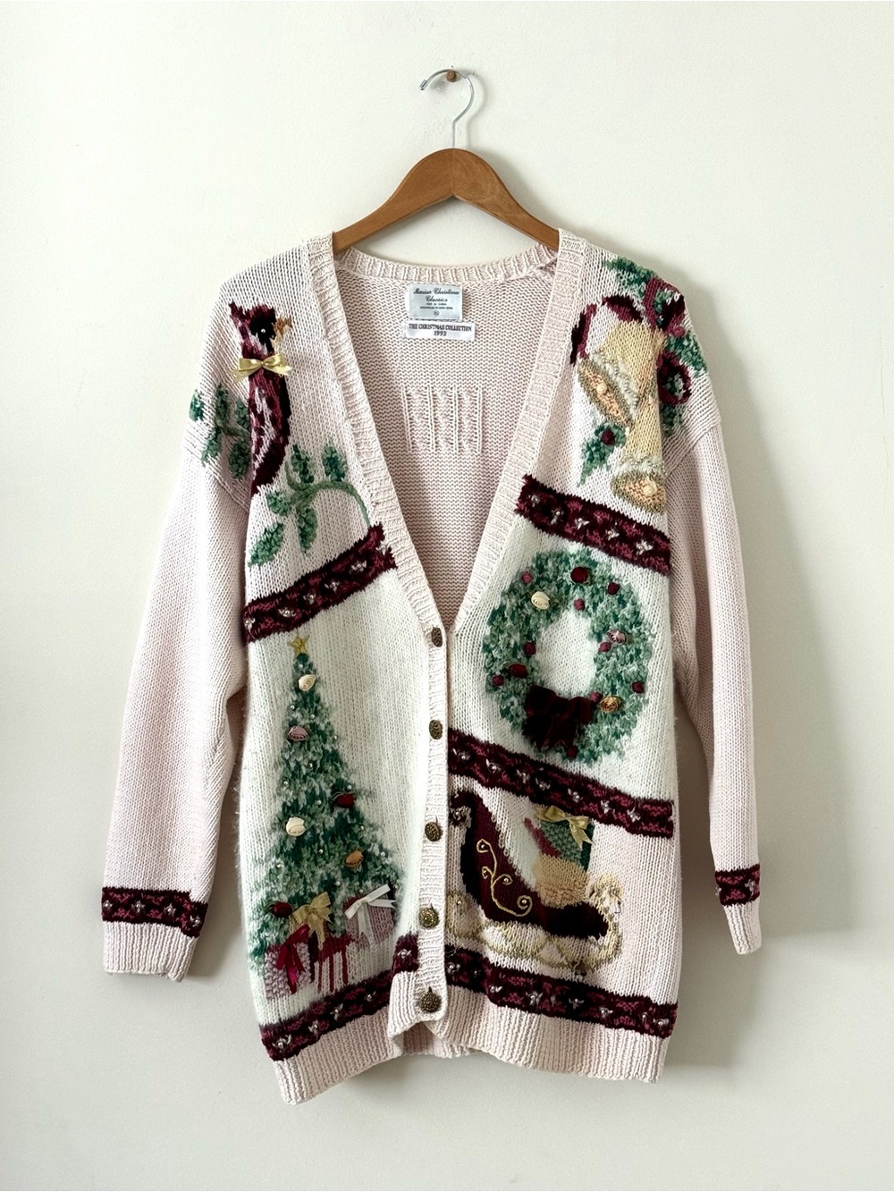 Marisa Christina 1993 Vintage Baby Pink Christmas Cardigan 3D Knit - Size XL